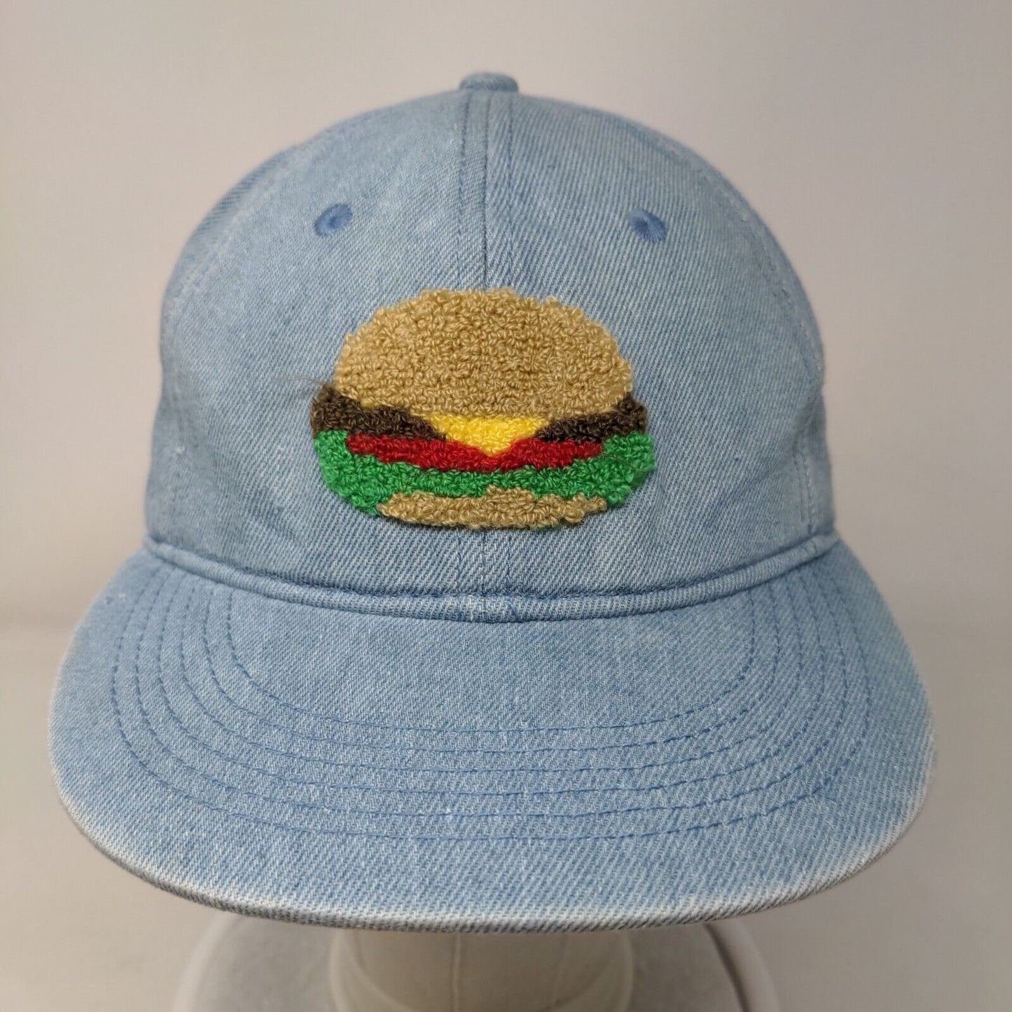 Cheeseburger Slideback Hat Blue One Size Adjustable Crochet Logo Vented Holes