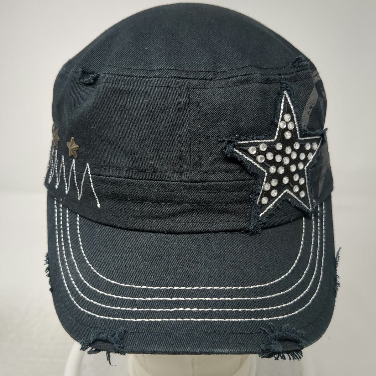 Pit Bull Army Cap Black One Size Cotton Elastic Rhinestone Star Metal Studs Hat