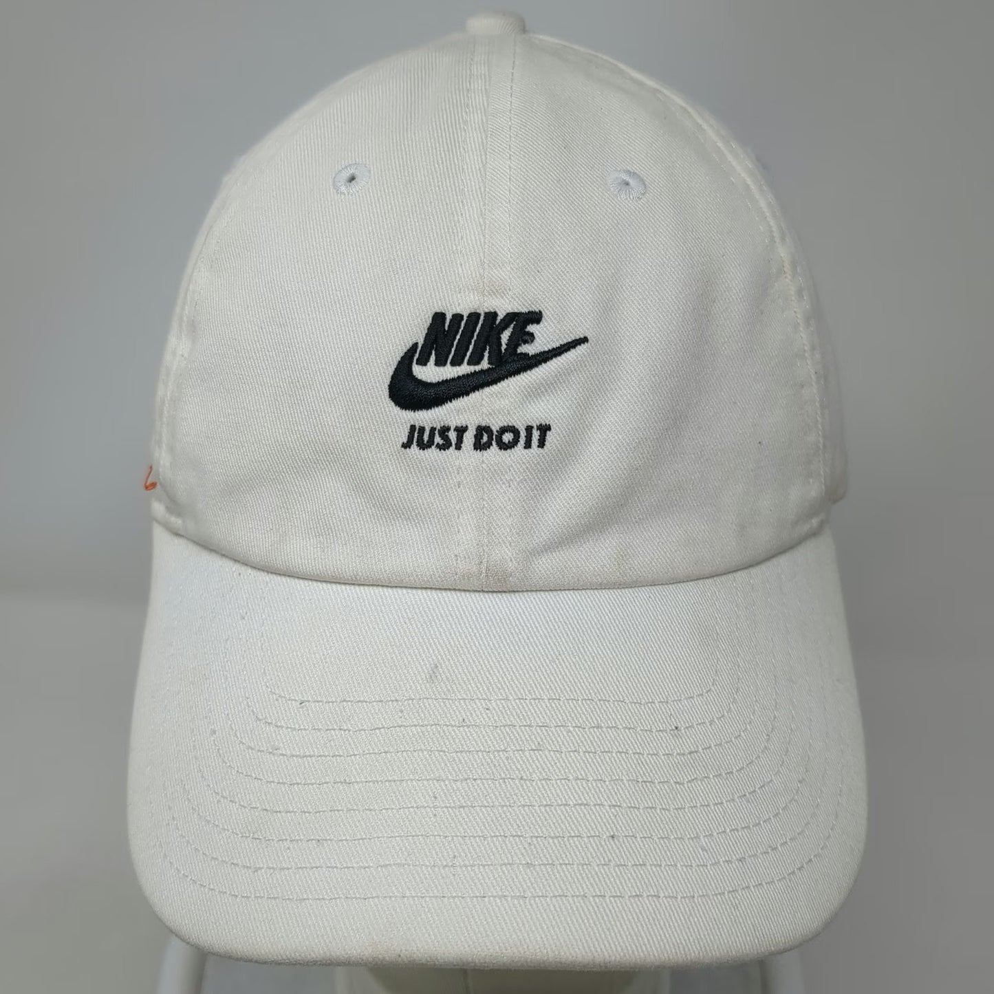 Nike Baseball Cap White OSFM Just Do It Swoosh Safety Pins Slideback Hat Cotton