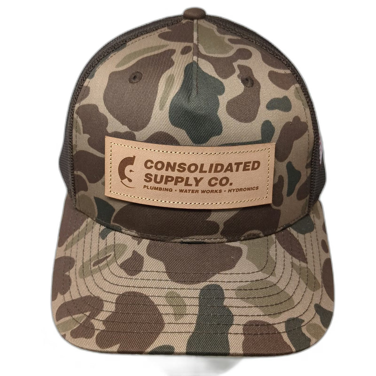 Richardson Trucker Hat Brown One Size Camo Leather Patch American Flag Plumbing