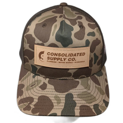 Richardson Trucker Hat Brown One Size Camo Leather Patch American Flag Plumbing