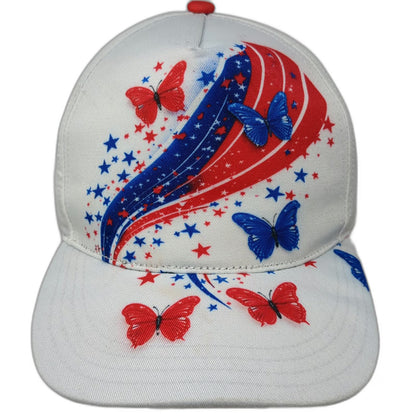 5 Panel Hat White Red Blue One Size Patriotic Butterfly American Flag Snapback