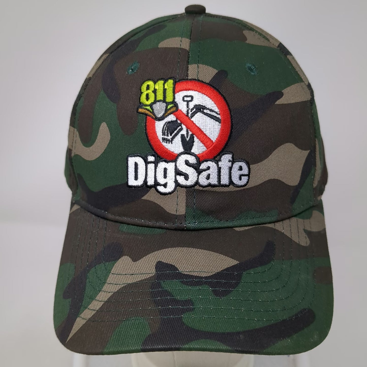 Baseball Cap Green One Size DigSafe 811 Logo Strapback Hat Camo Shovel Safety