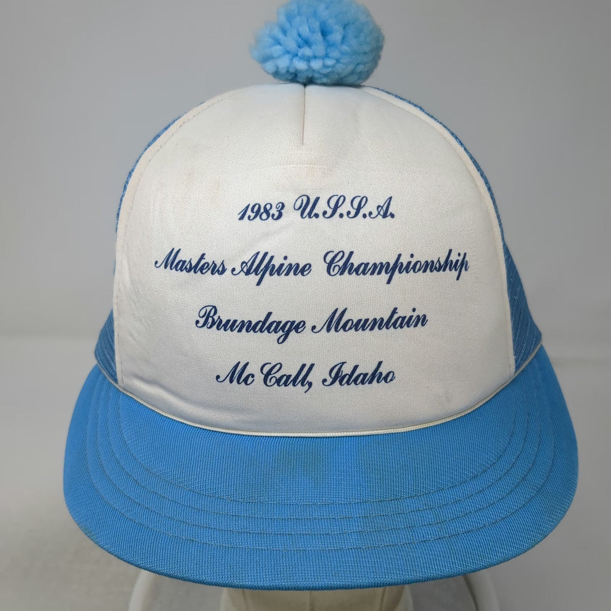 Champion Trucker Hat Blue Pom Mesh 1983 USSA Masters Alpine Idaho Vintage