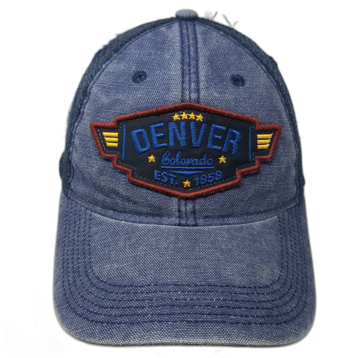 Legacy Trucker Hat Blue One Size Denver Colorado EST 1858 Patch Mesh Snapback