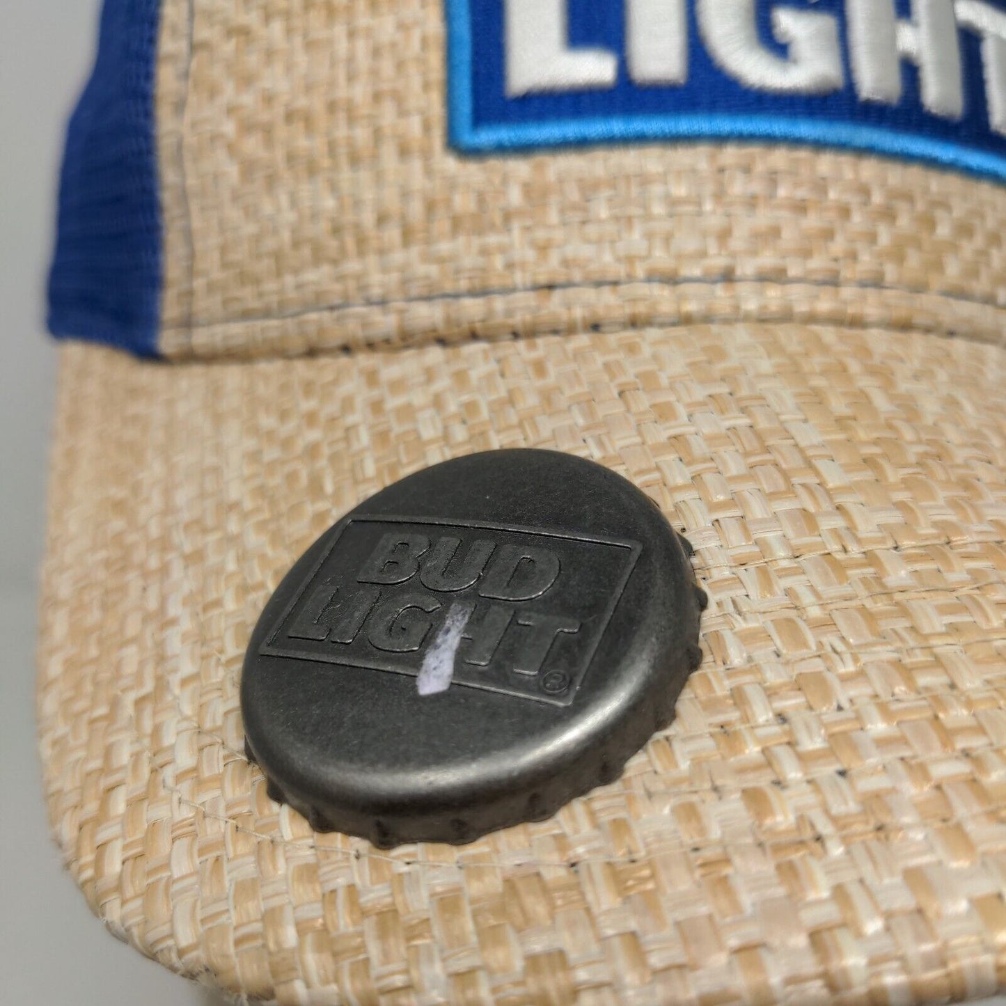 Bud Light Men's Snapback Mesh Back Hat Tan Blue Embroidered Logo Beer