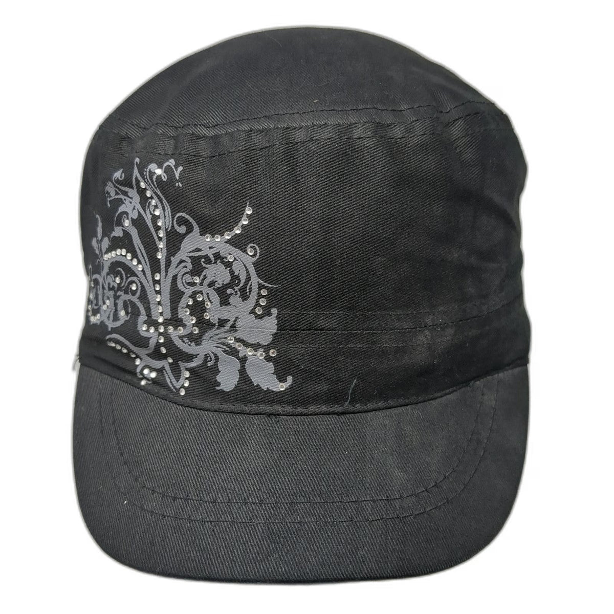 ABG Accessories Army Cap Black One Size Rhinestone Floral Elastic Back Bling Hat