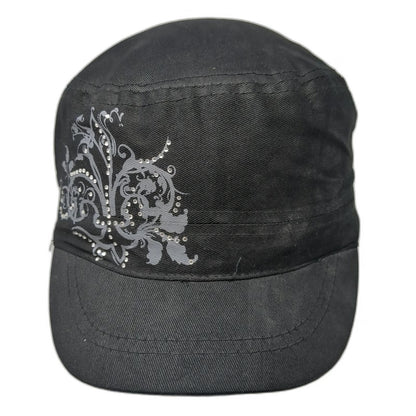 ABG Accessories Army Cap Black One Size Rhinestone Floral Elastic Back Bling Hat