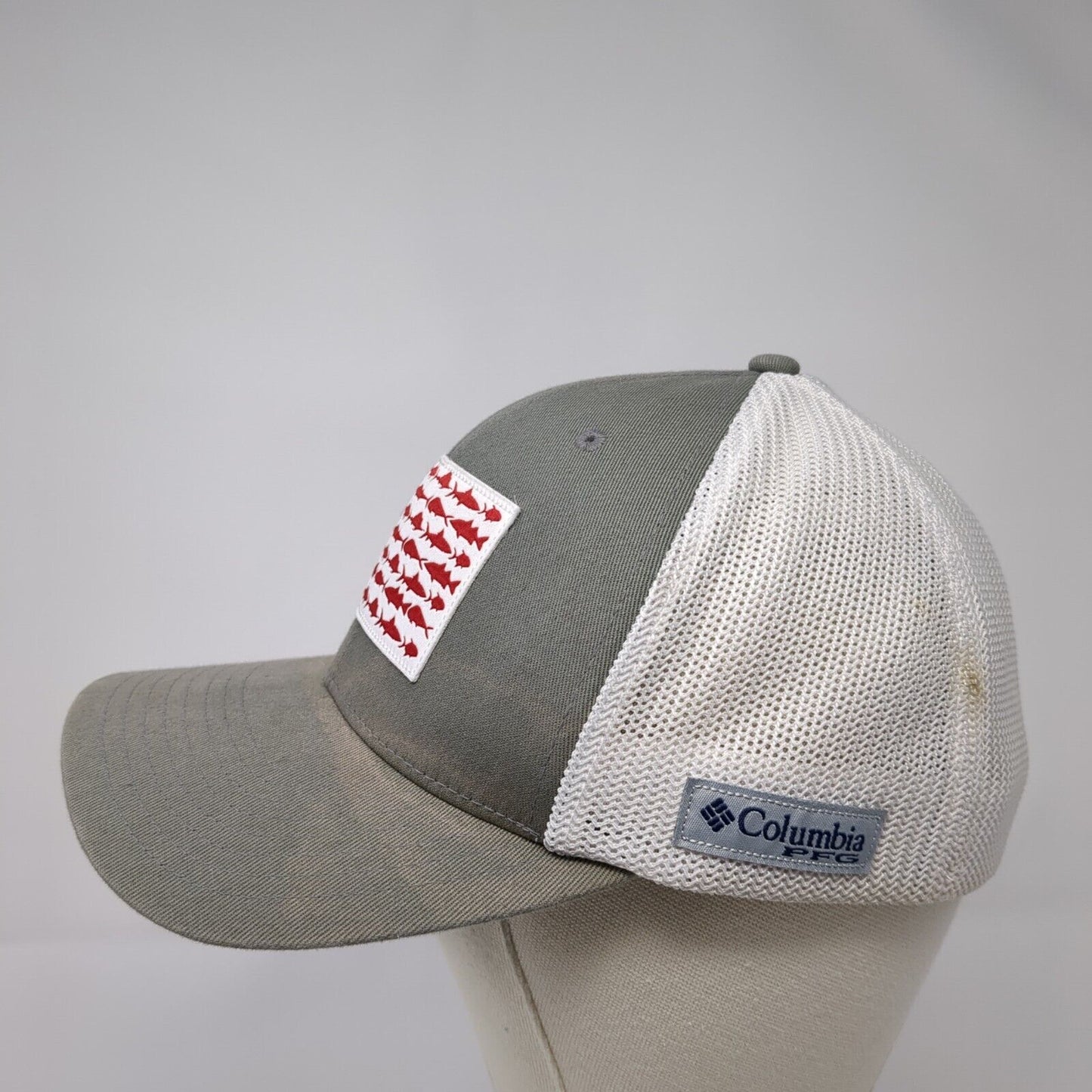 Columbia PFG Fish Flag Fitted Trucker Hat Gray L/XL Patriotic Mesh Back