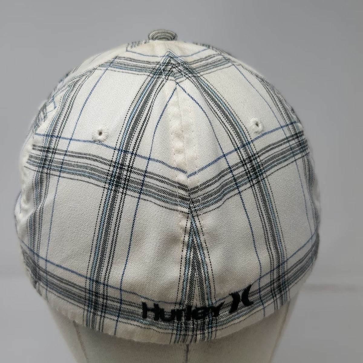 Hurley Plaid Baseball Cap One Size White Blue Black Flexfit Logo Embroidered Hat