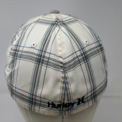 Hurley Plaid Baseball Cap One Size White Blue Black Flexfit Logo Embroidered Hat