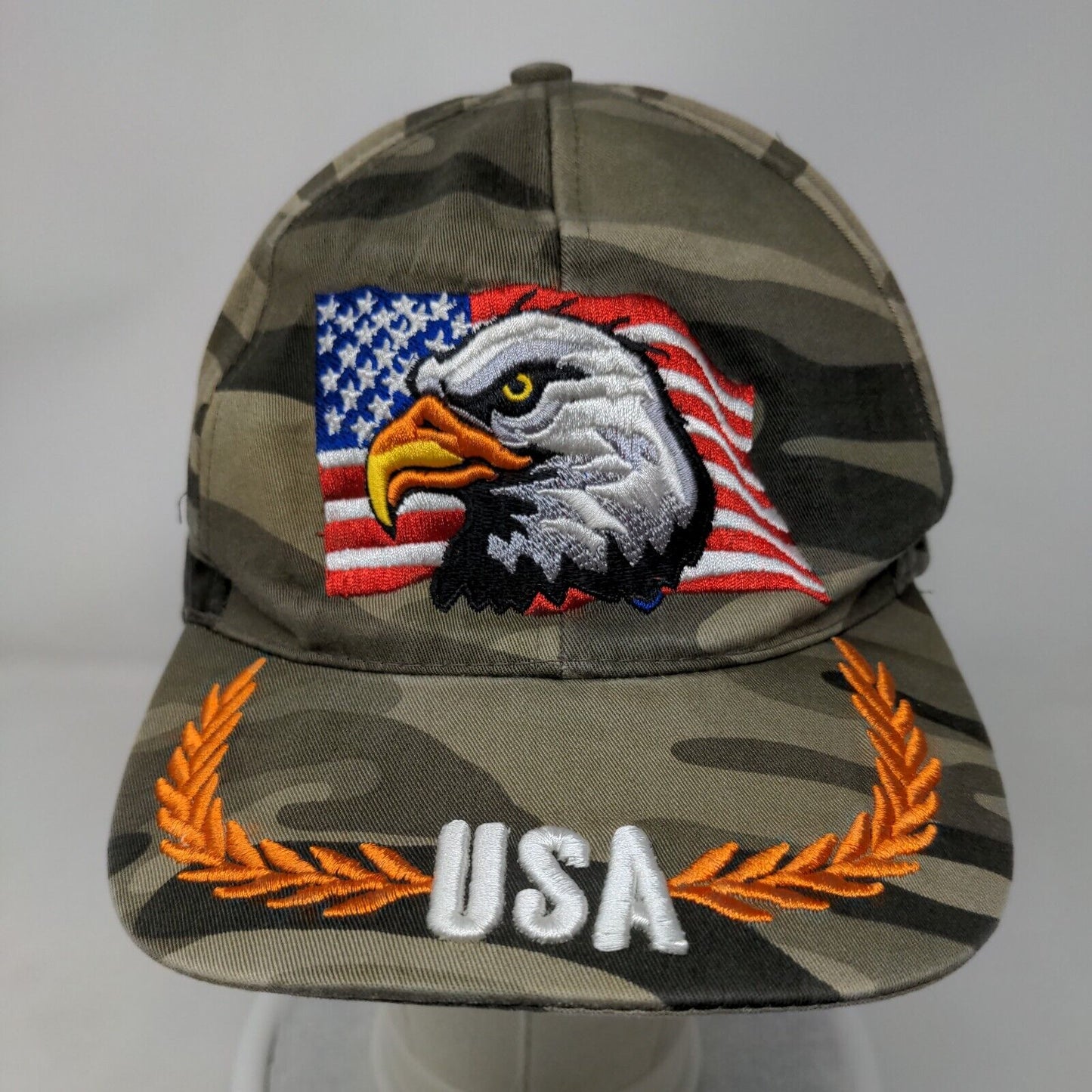 American Eagle USA Strapback Hat Camouflage One Size Embroidered Patriotic