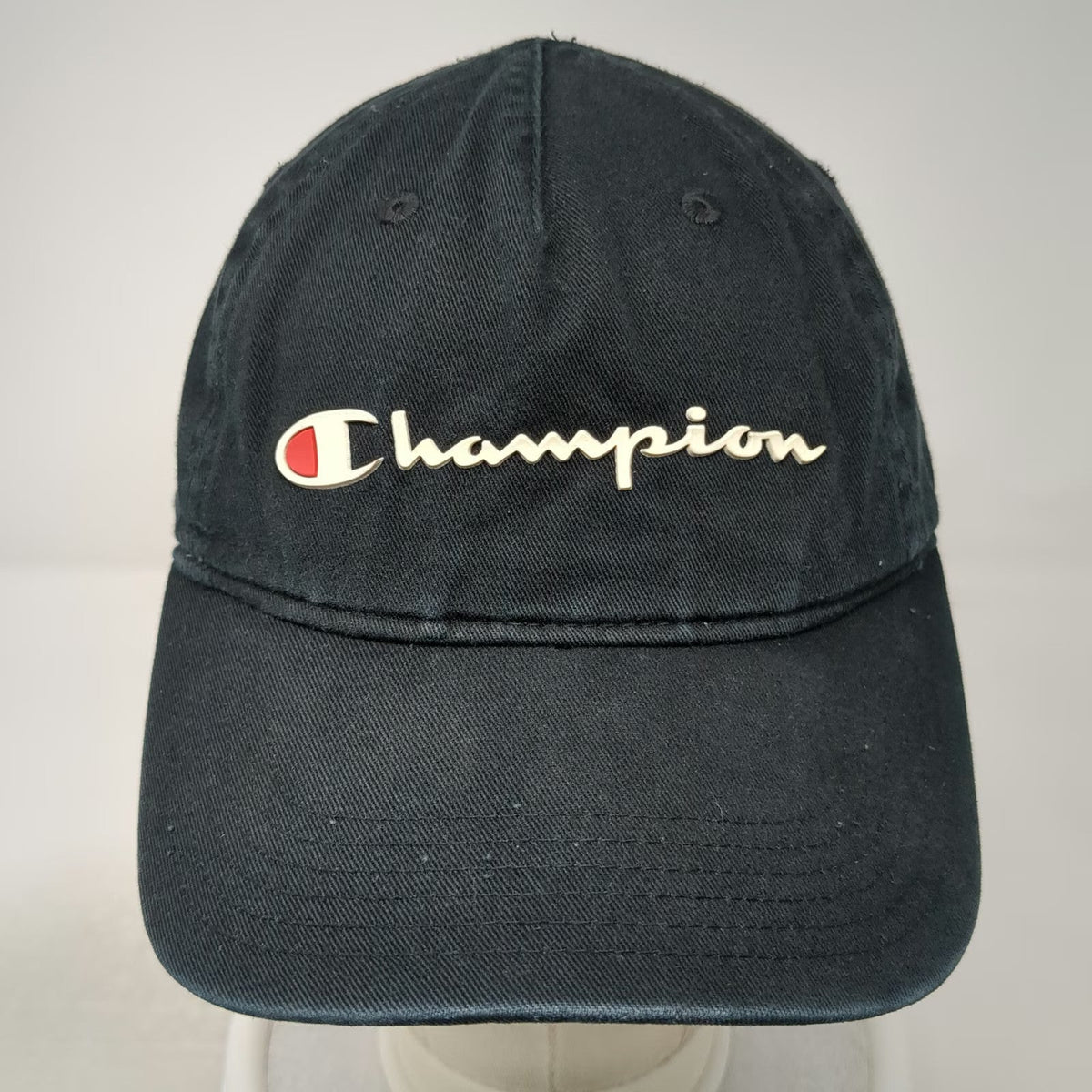 Champion 5 Panel Black One Size Slideback Logo Script Embroidery Adjustable Hat