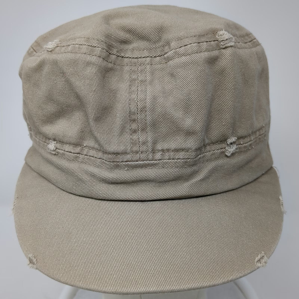 Army Cap Beige One Size Hat Distressed Frayed Cotton Military Cadet Style Flat