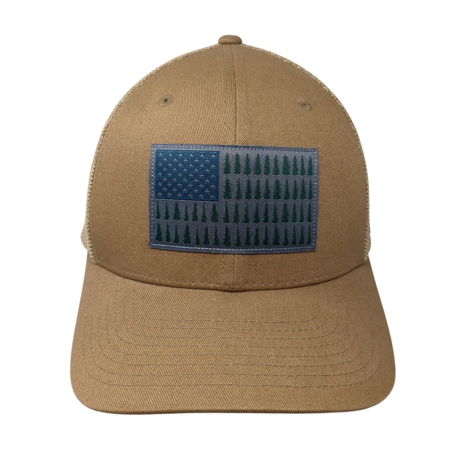 Columbia Tree Flag Fitted Trucker Hat Tan OS Embroidered Patriotic Mesh Flexfit