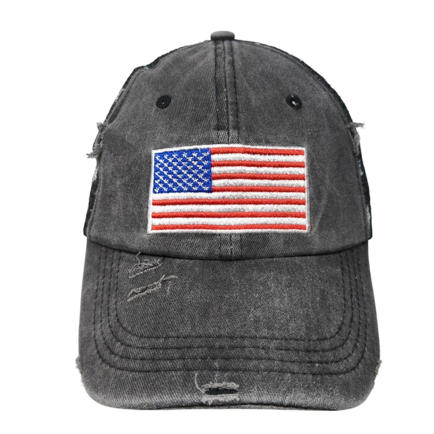 USA Flag Strapback Trucker Hat Gray One Size Distressed Patriotic Mesh Back