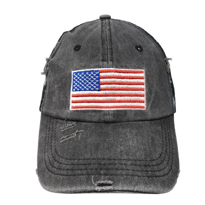 USA Flag Strapback Trucker Hat Gray One Size Distressed Patriotic Mesh Back