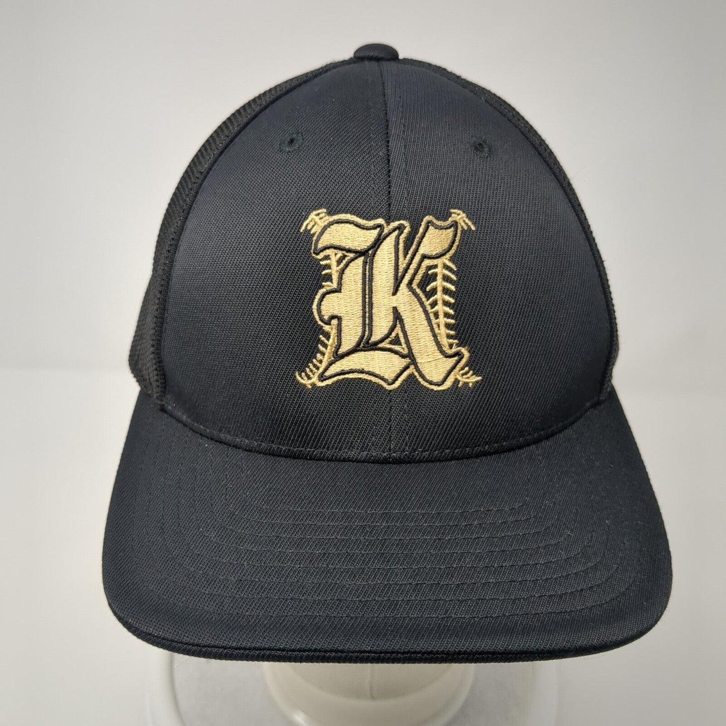 Old English K Fitted Trucker Hat Black 7 3/8-8 Mesh Back Pacific Headwear