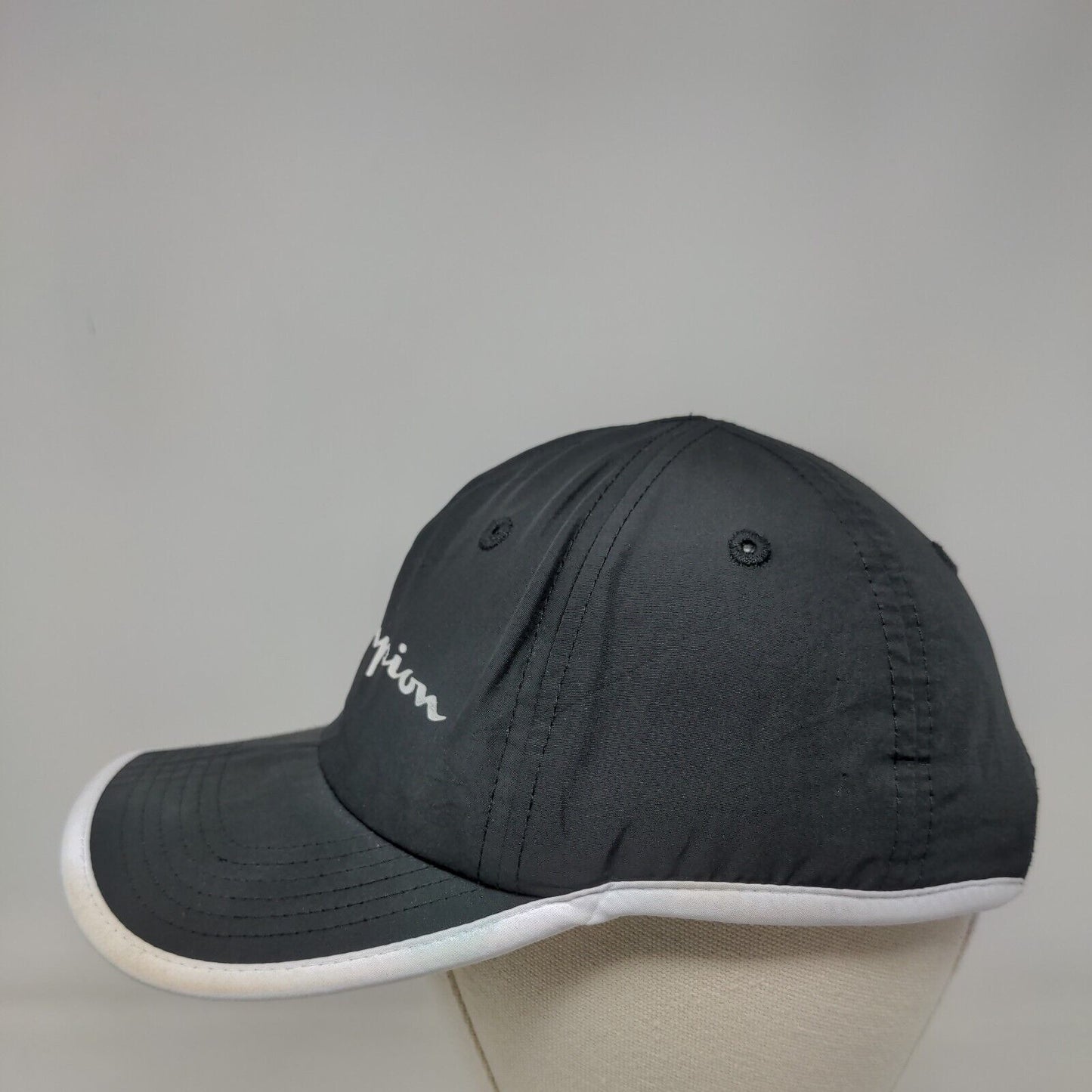 Champion Strapback Hat Black OSFA Adjustable Embroidered Vented Holes 6 Panel