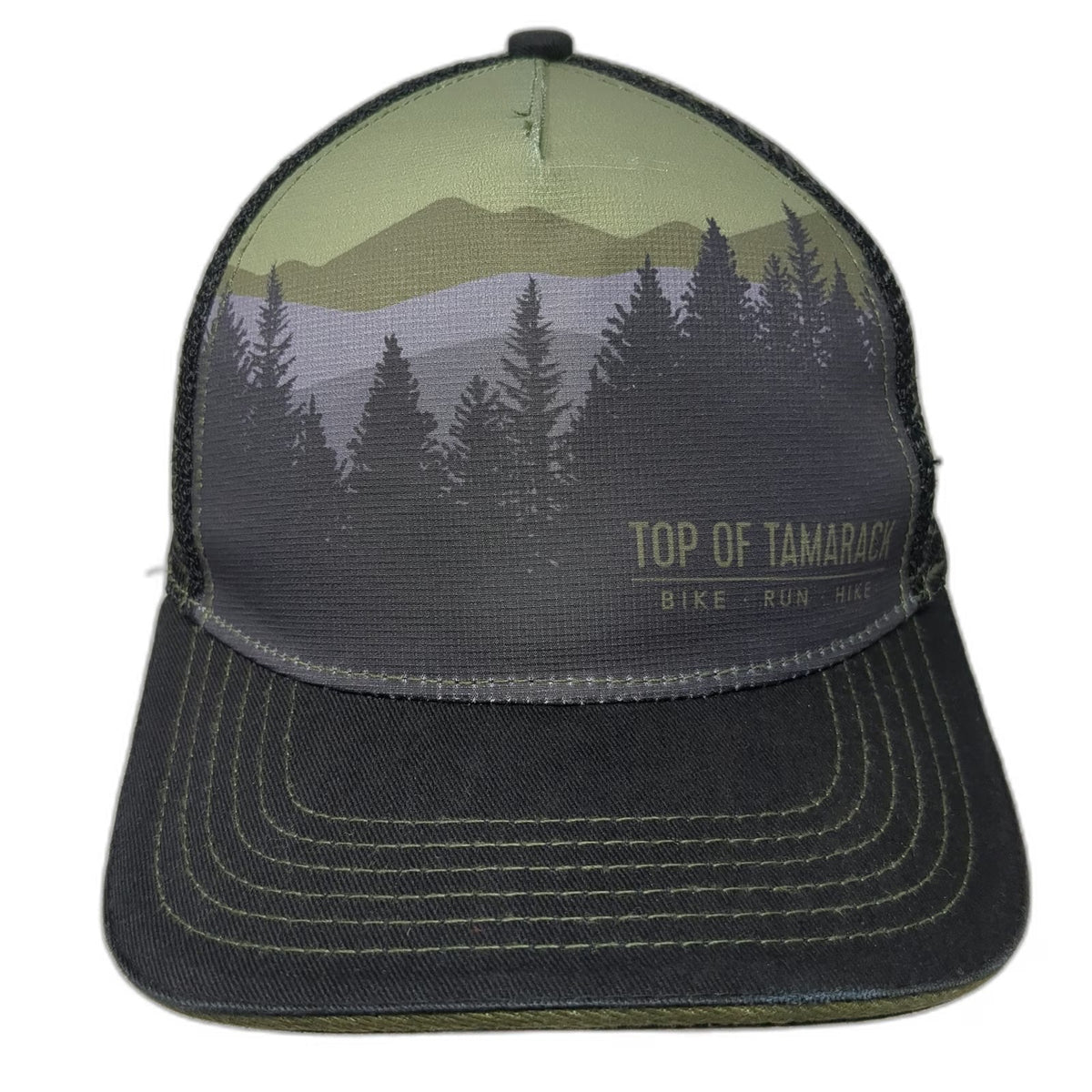 Top of Tamarack Trucker Hat Black One Size Mesh Back Landscape Mountains hat