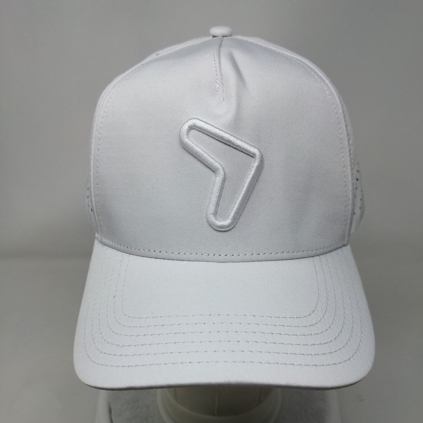 RepCard Snapback Hat White One Size Embroidered Logo Laser Cut