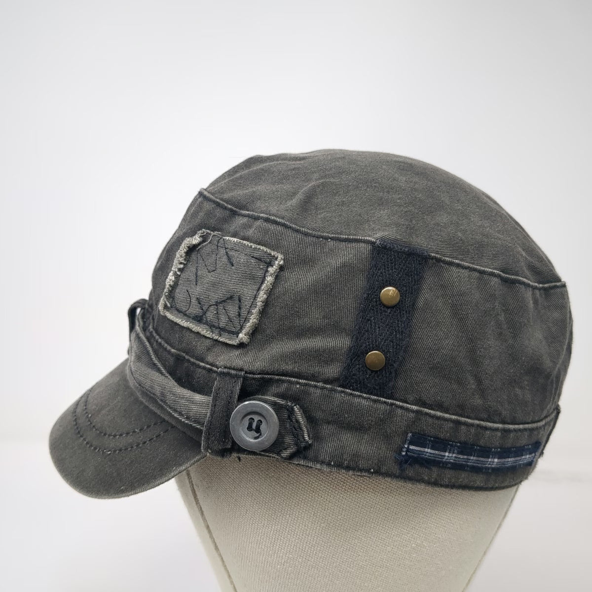 Army Cap Gray One Size Distressed Patches Studs Buttons Fashion Strap Cadet Hat