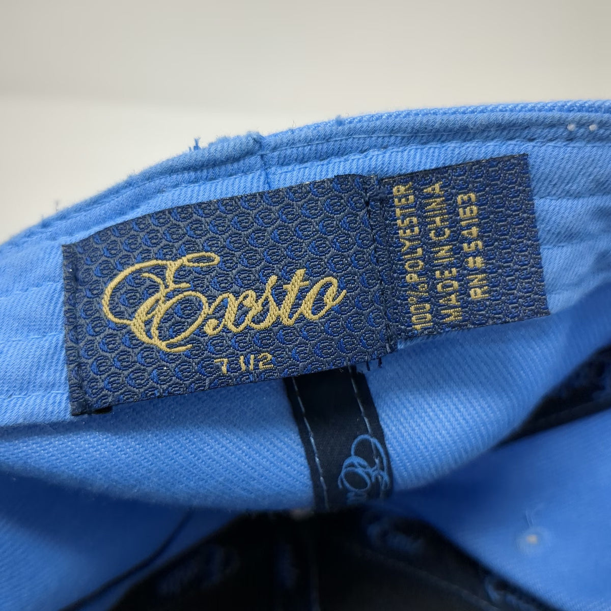 Exsto Blue Baseball Cap 7 1/2 Fitted Flat Brim Graphic Logo Shield Crest Hat