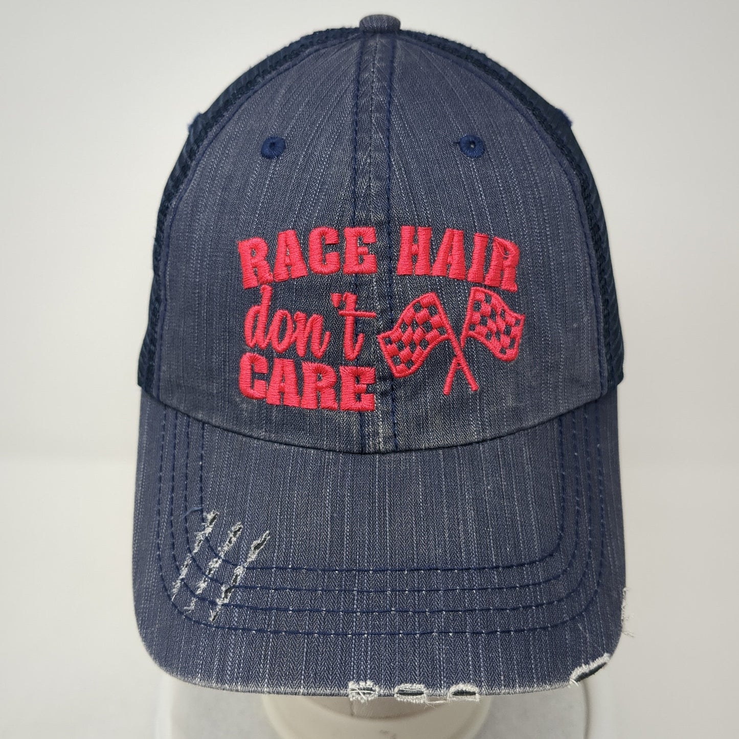 Race Hair Don't Care Strapback Trucker Hat Blue One Size Mesh Back