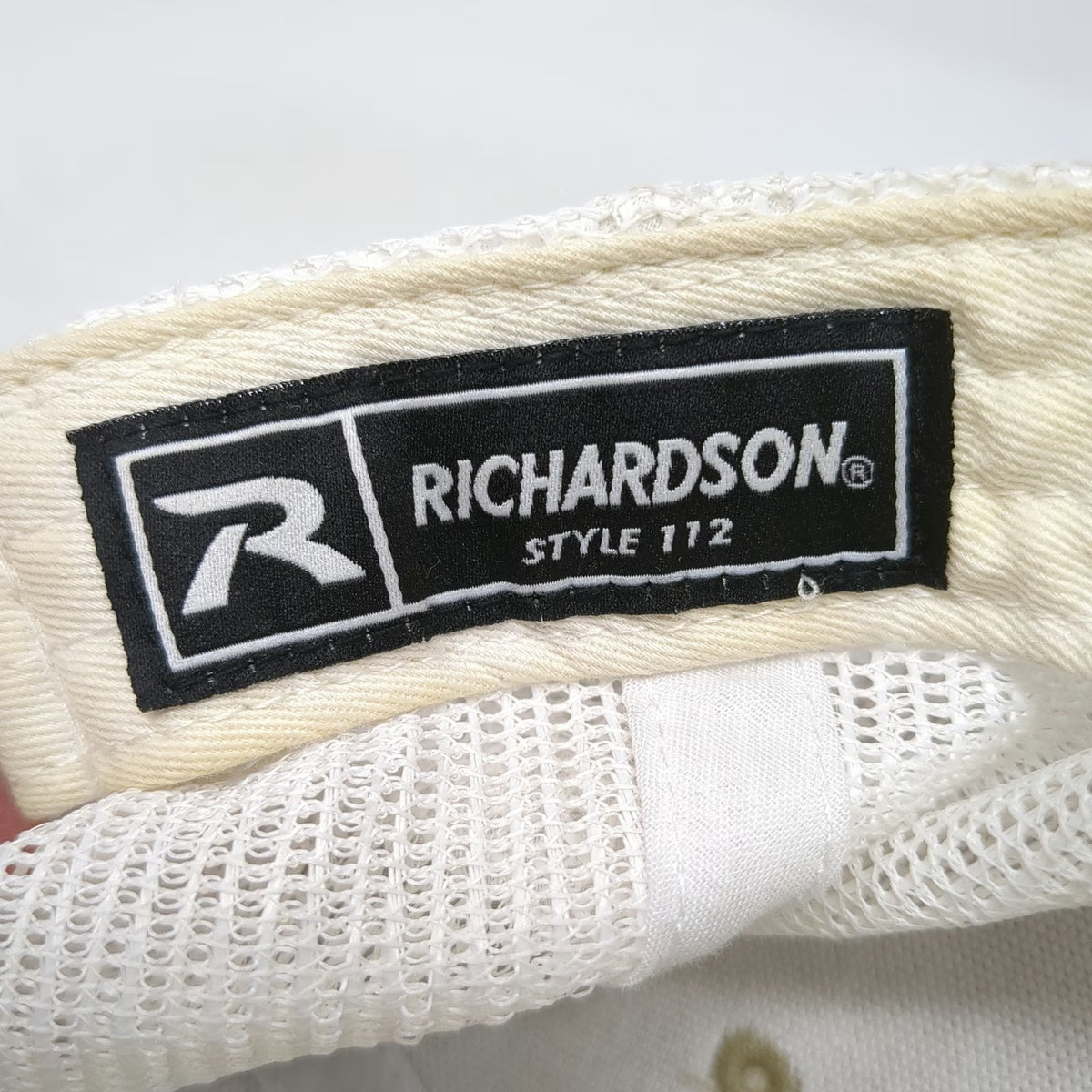 Richardson Trucker Hat Beige One Size Leather Patch Followers of Jesus Mesh