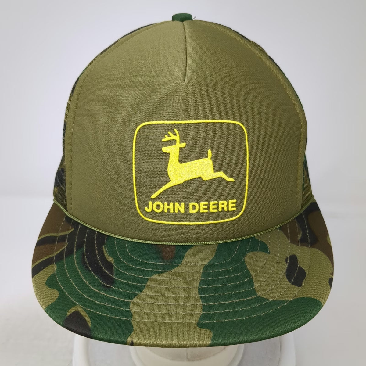 Cameo John Deere Trucker Hat Green Camo Mesh Back Snapback Flat Brim Vintage