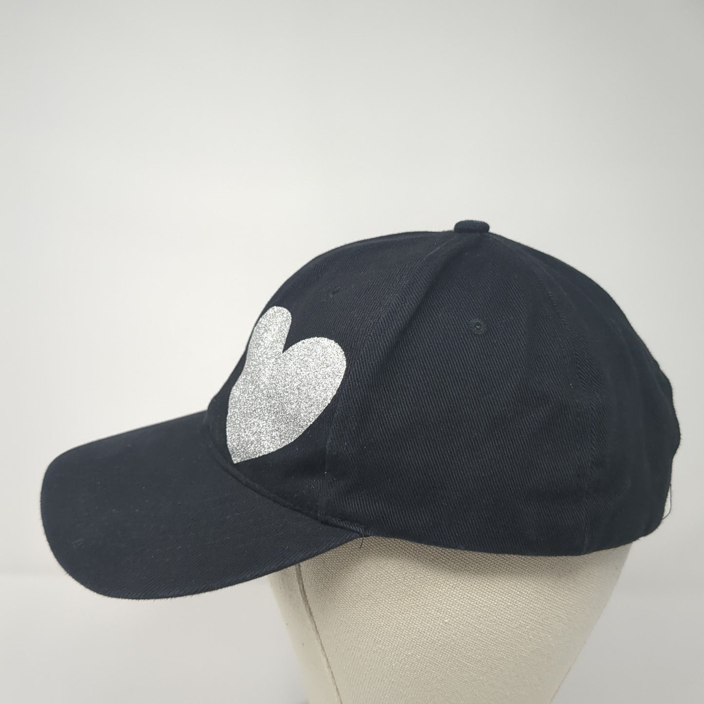 Silver Heart Strapback Hat Black One Size Adjustable Solid 6 Panel