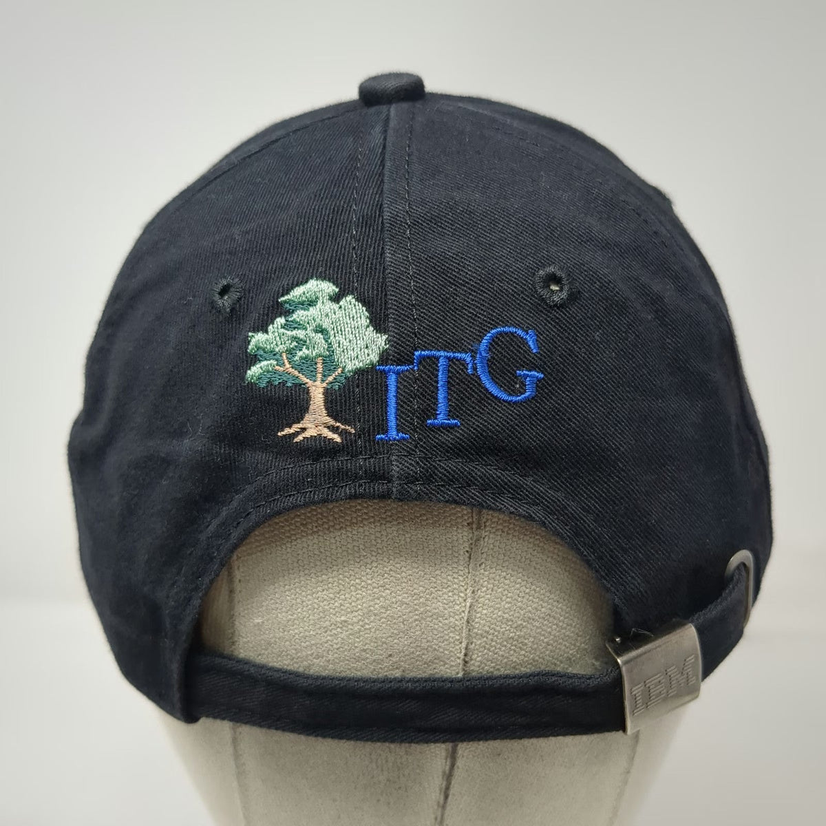 K-Products Baseball Cap Black Blue White IBM ITG Tree Slideback Hat Vintage