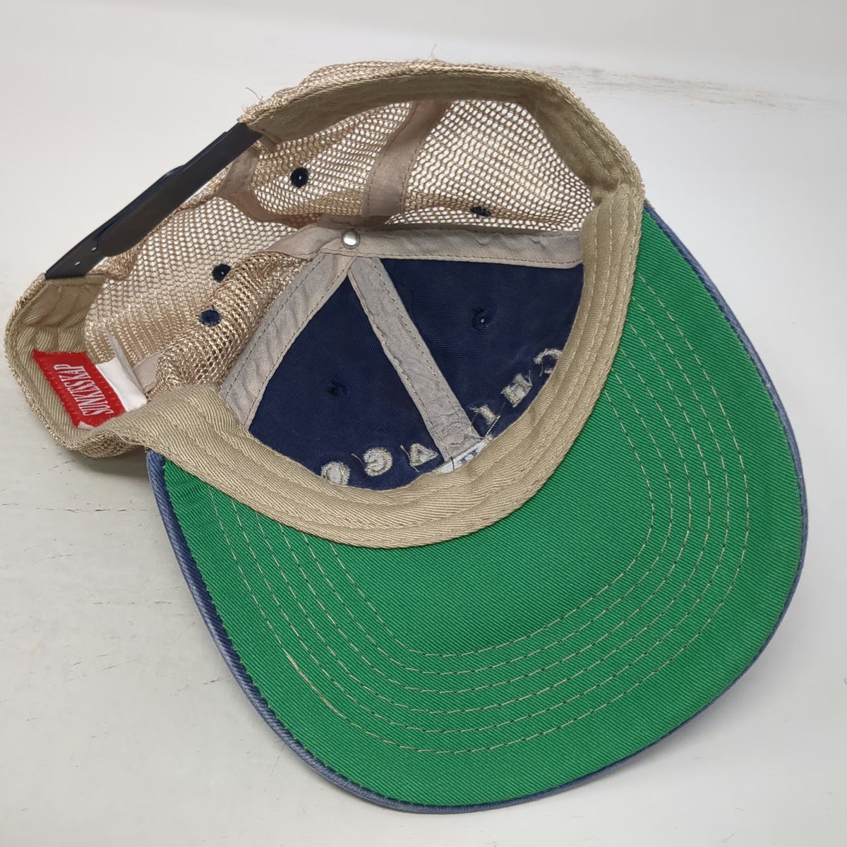 Sunkiss Kap Chicago IL Blue Beige Trucker Hat One Size Snapback Mesh Green Brim