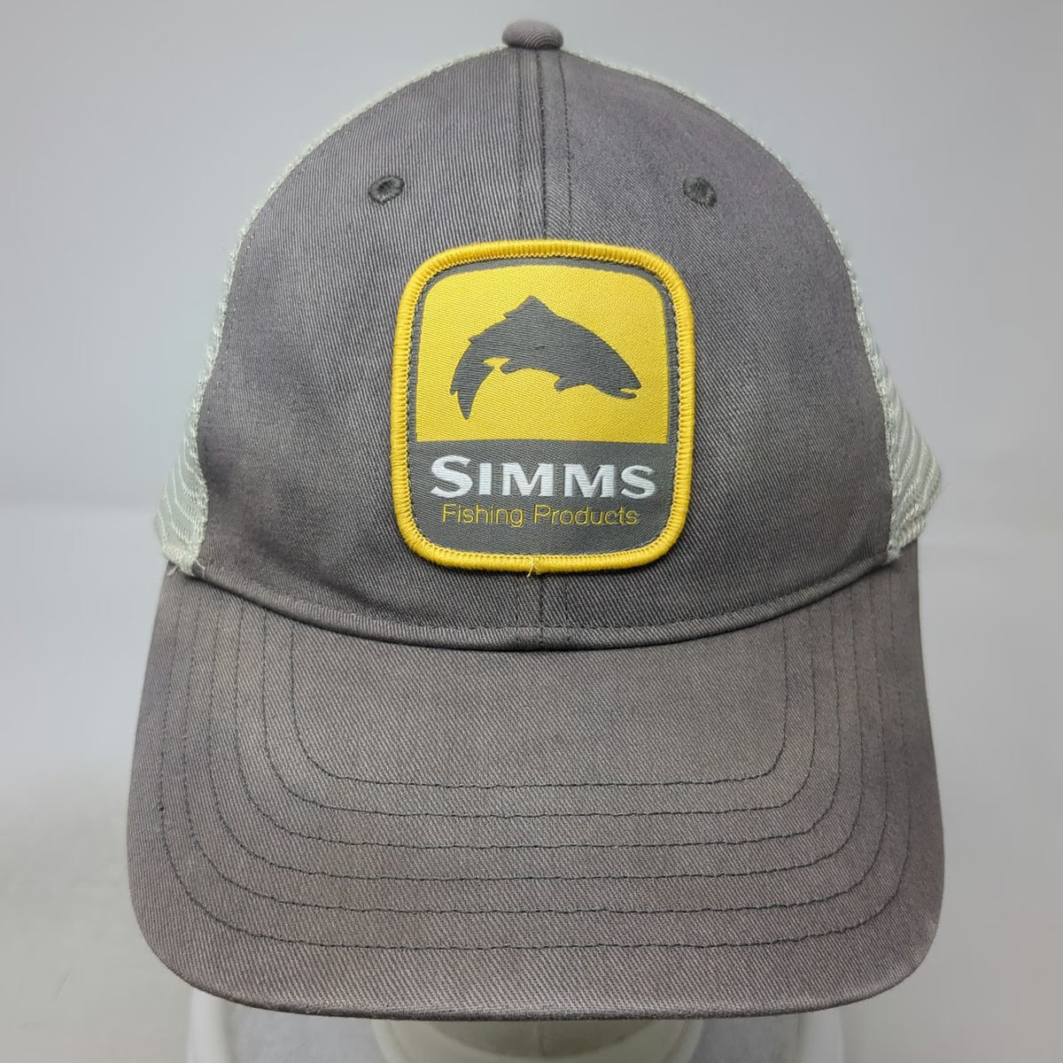 Simms Trucker Hat Gray One Size Mesh Back Fish Patch Snapback Fishing Outdoors