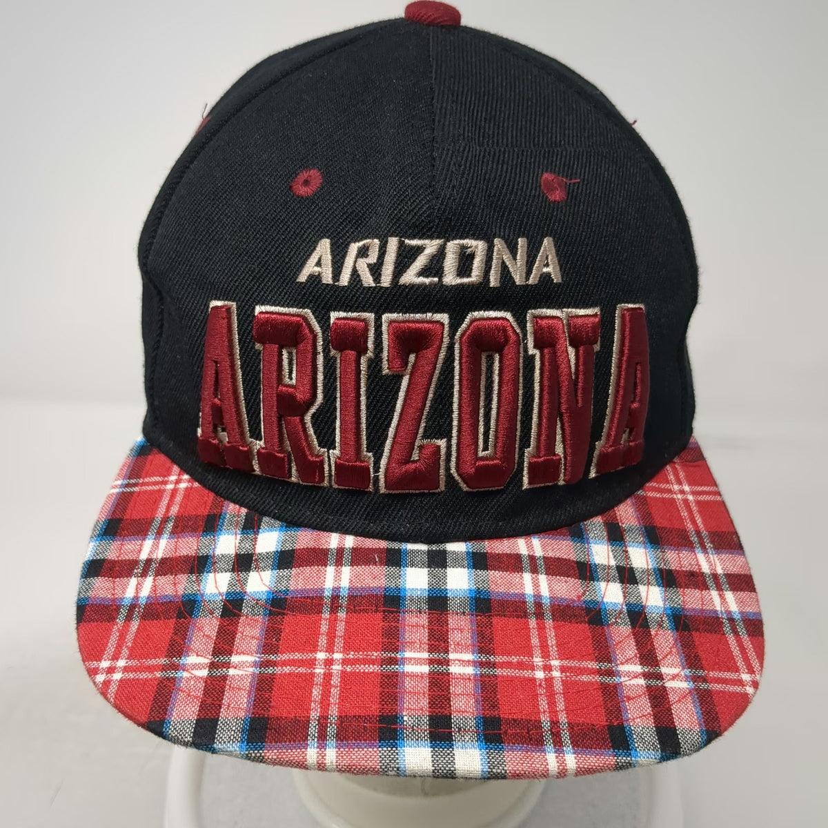 Headline Snapback Black Red Arizona Hat One Size Plaid Brim 3D Puff Embroidery