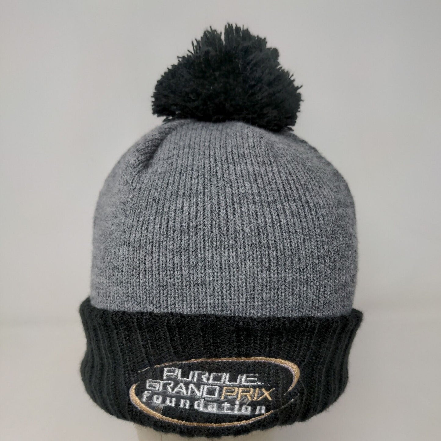 New Era Mens Knit Beanie Hat Gray Black Embroidered Purdue Grand Prix Foundation