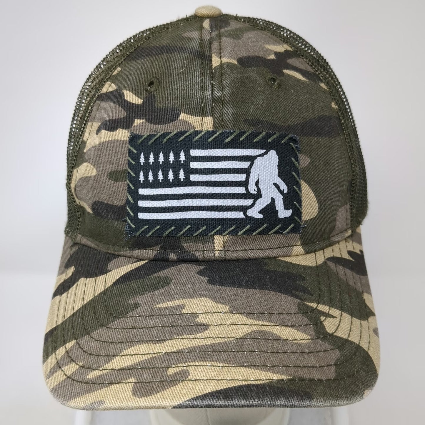 Symmetree Green Trucker Hat One Size Bigfoot American Flag Pine Tree Camo