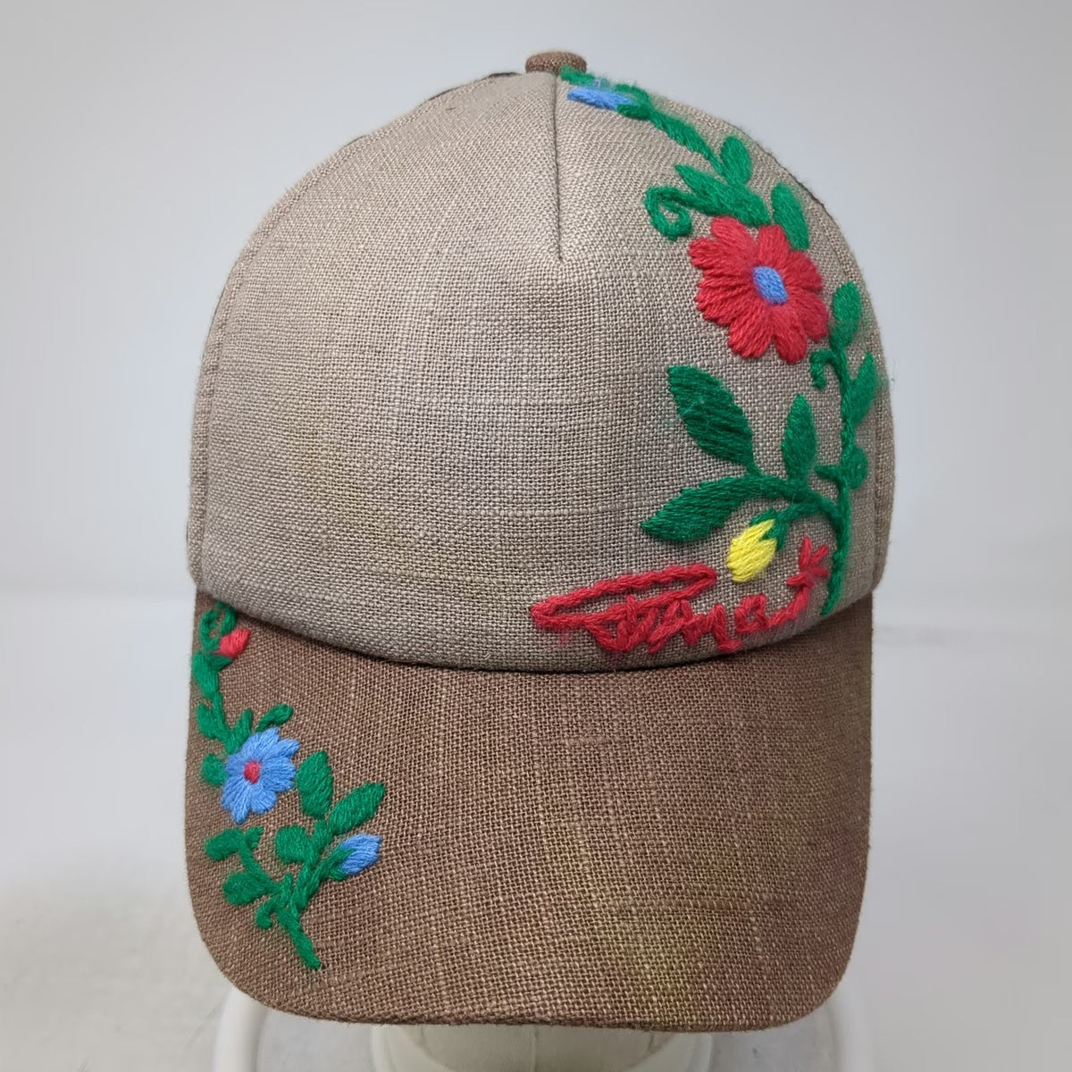 Brown Trucker Hat One Size Floral Embroidery Mesh Snapback Flower Burlap Style