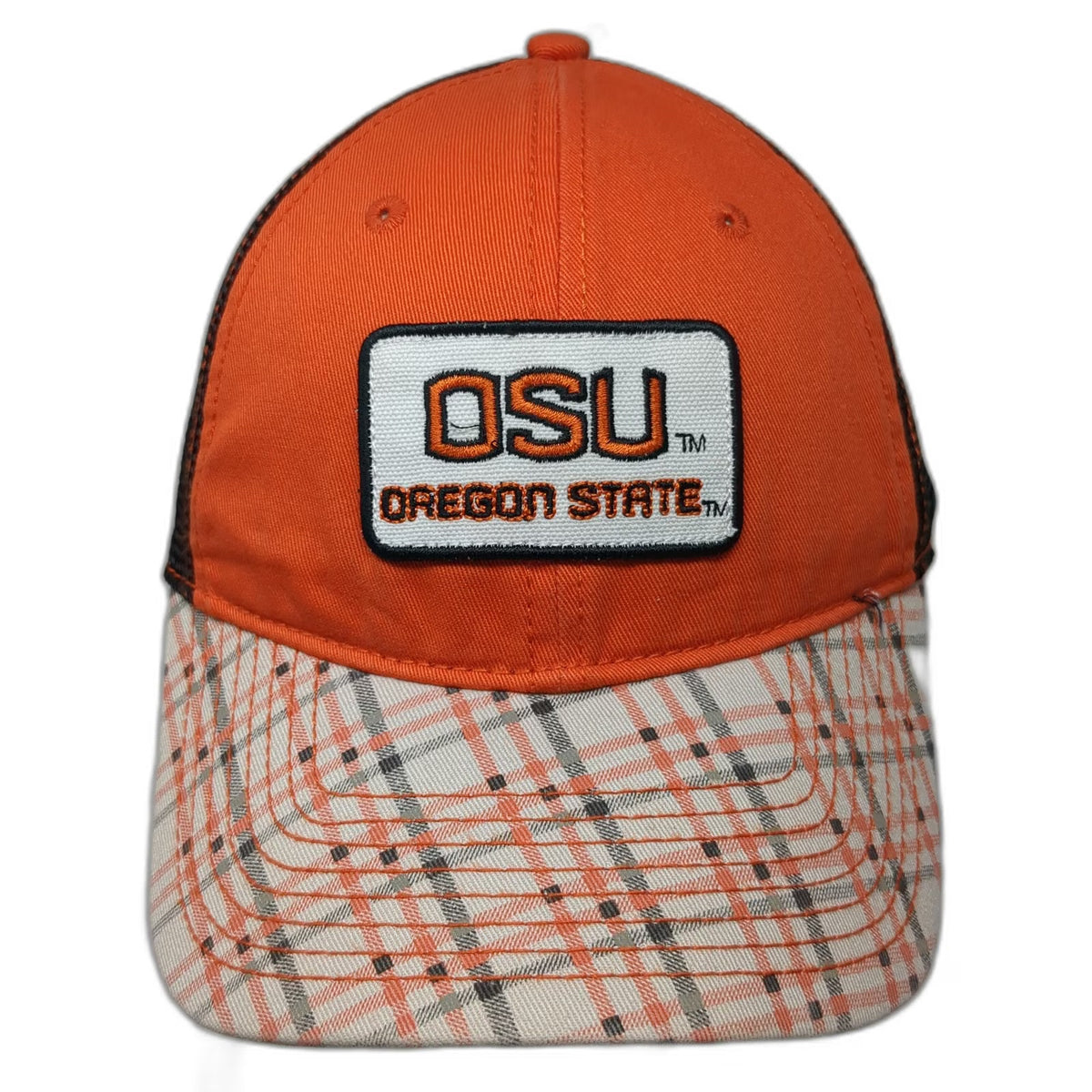 Signatures NCAA Oregon State OSU Orange Black White OS Mesh Plaid Patch Cap Hat