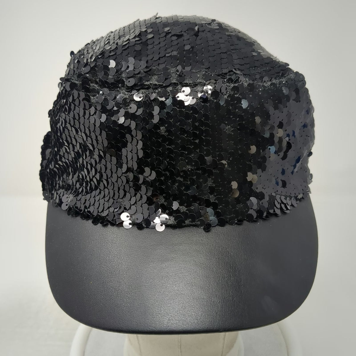 Army Cap Black One Size Sequin Faux Leather Bill Shiny Sparkle Bling Cadet Hat