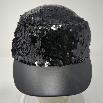 Army Cap Black One Size Sequin Faux Leather Bill Shiny Sparkle Bling Cadet Hat