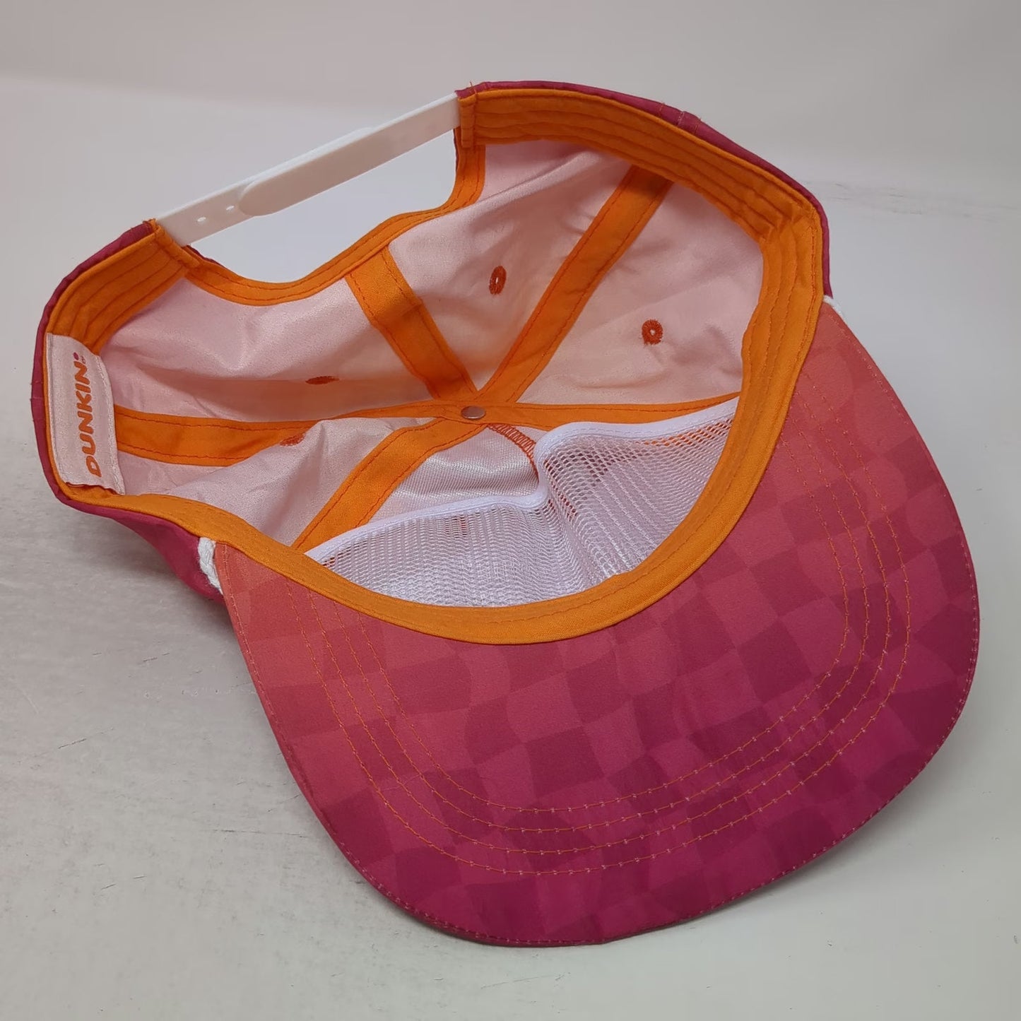 Dunkin' 5 Panel Orange Pink White Hat One Size Rope Checkerboard Snapback