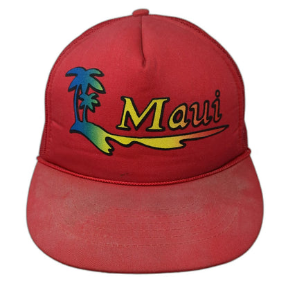 Maui Trucker Hat Red One Size Mesh Snapback Rainbow Palm Tree Hawaii Souvenir