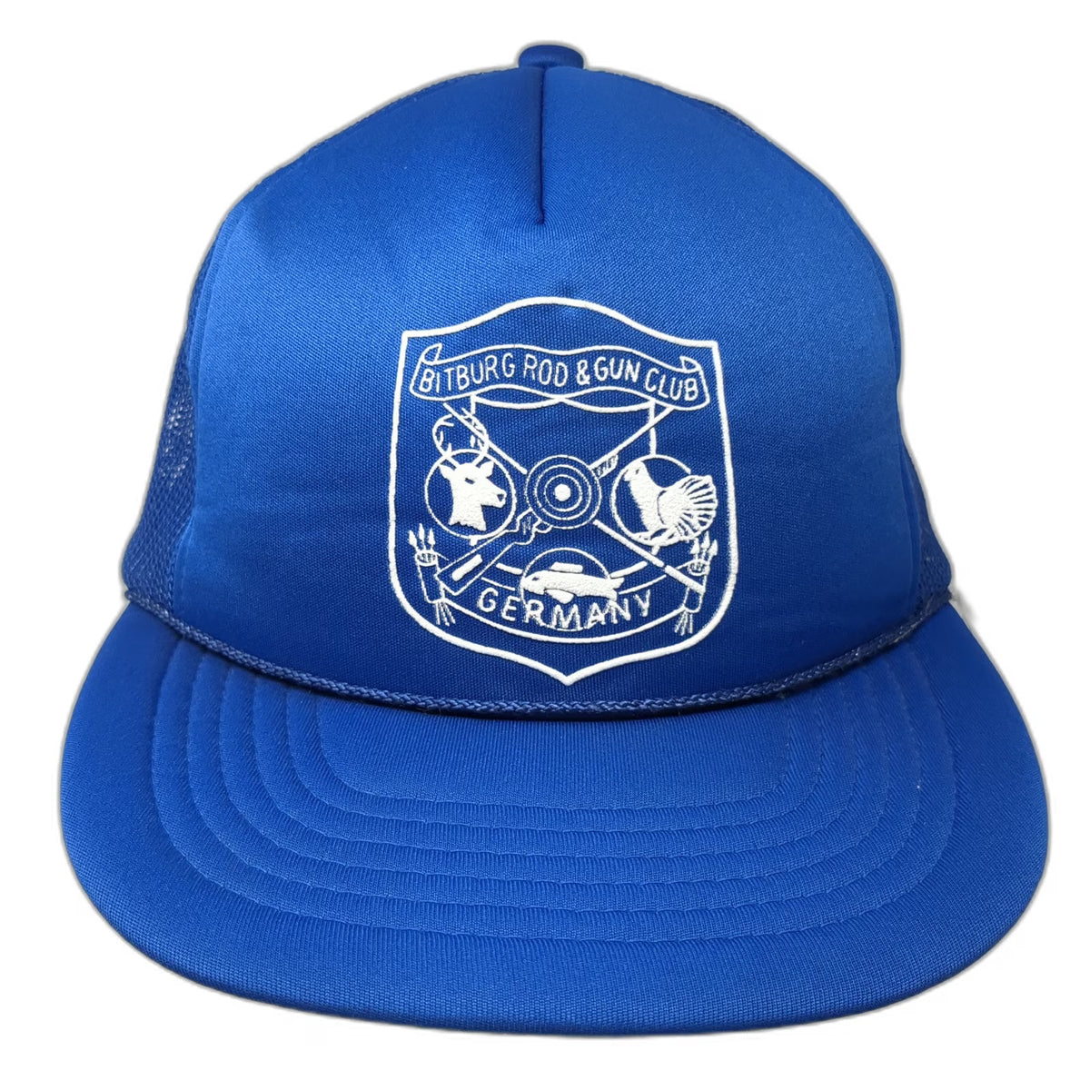 Bitburg Rod & Gun Club Germany Blue Trucker Hat One Size Mesh Snapback Rope