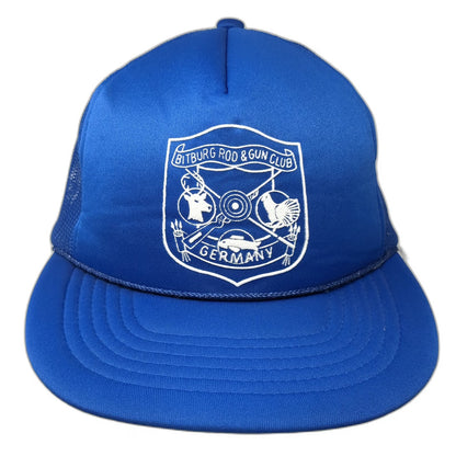 Bitburg Rod & Gun Club Germany Blue Trucker Hat One Size Mesh Snapback Rope