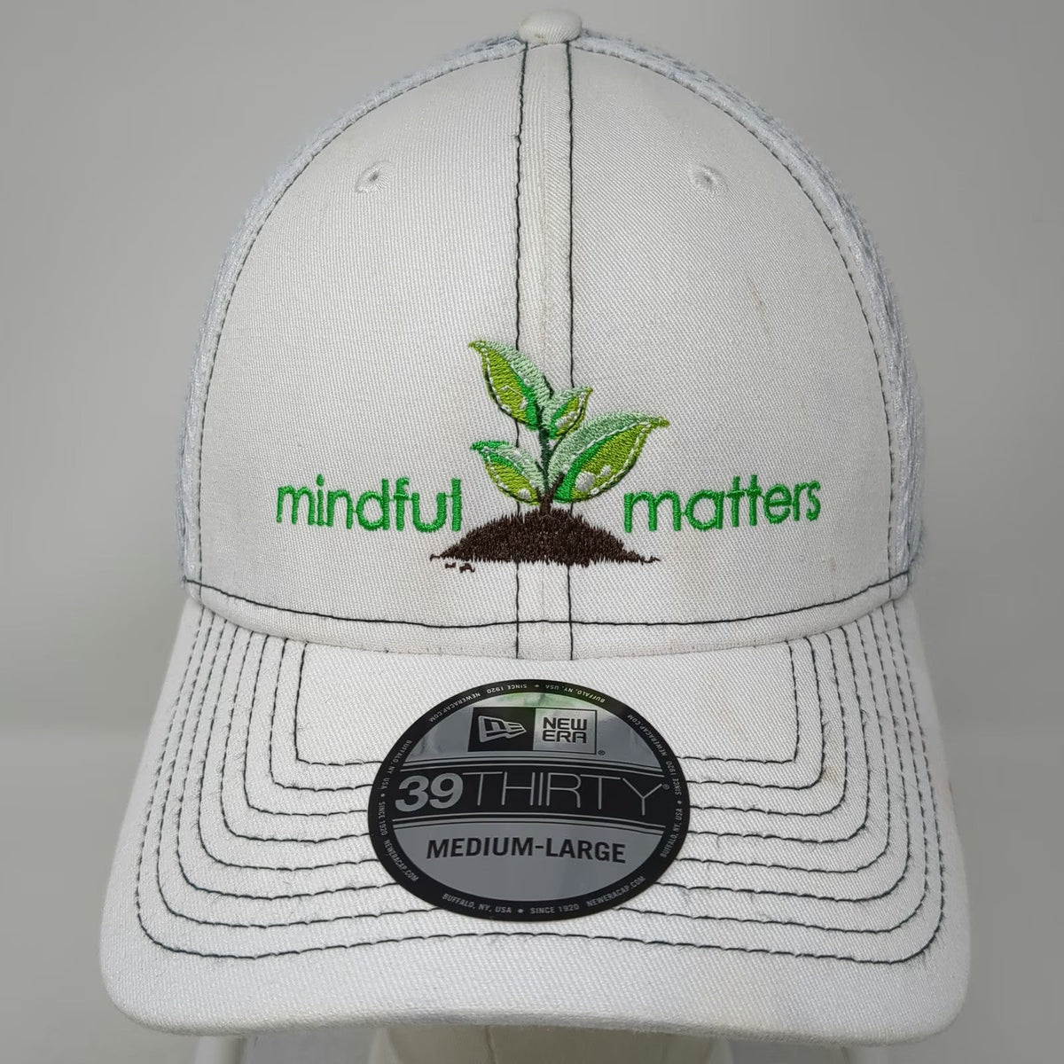 New Era Baseball Cap White L Bayer Mindful Matters Mesh Stretch Fit 39THIRTY Hat