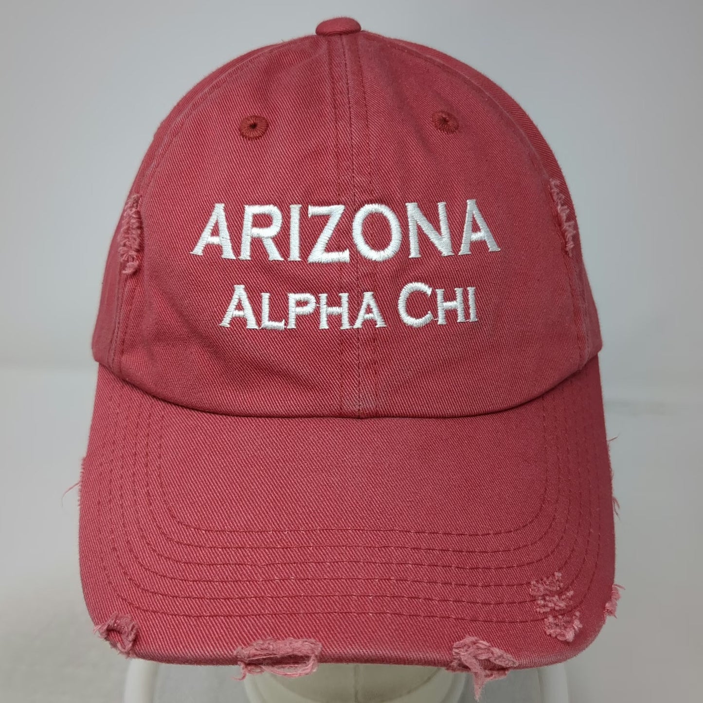 District Arizona Alpha Chi Distressed Baseball Cap Red One Size Strapback Hat
