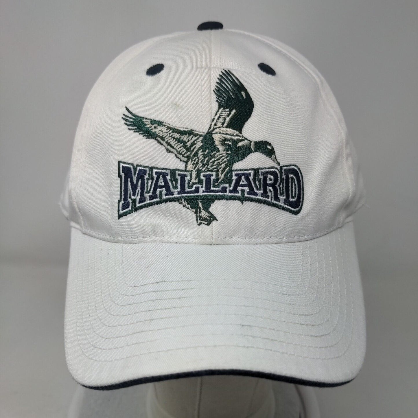 Mallard Strapback Hat White One Size Adjustable Embroidered Vented Holes 6 Panel