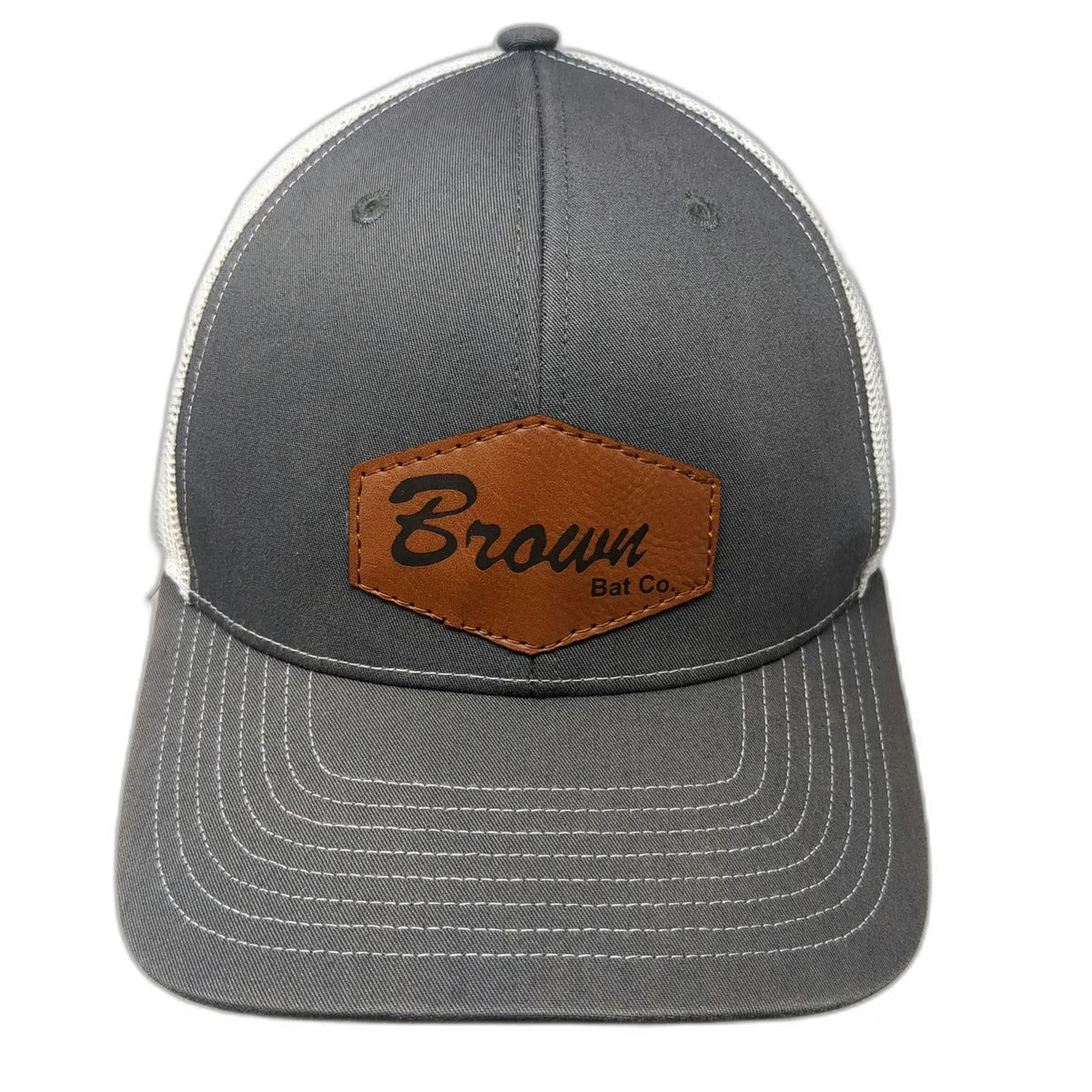 Richardson Trucker Hat Gray One Size Brown Bat Co. Leather Patch Mesh Snapback