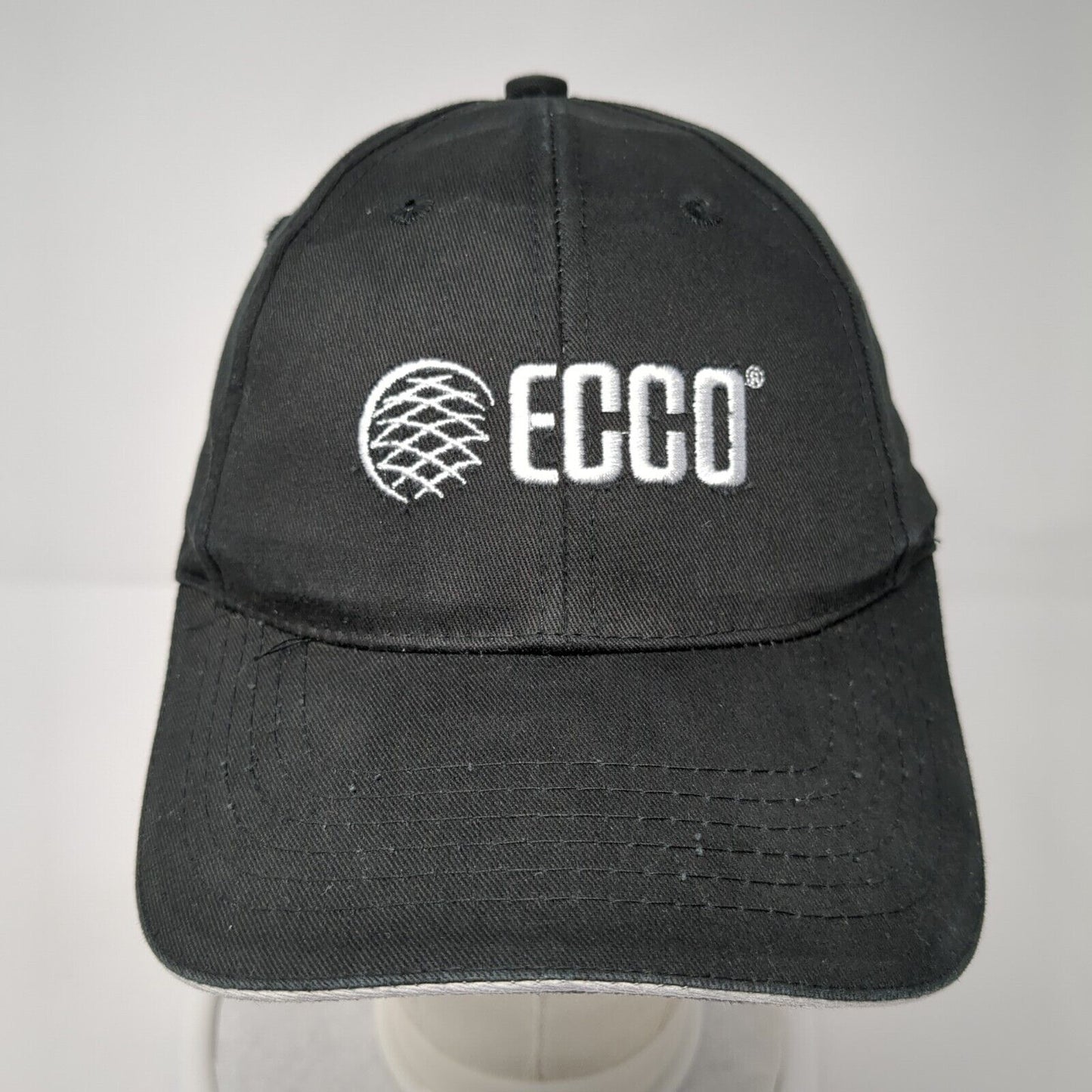 ECCO Strapback Hat Black One Size Adjustable Embroidered Vented Holes 6 Panel